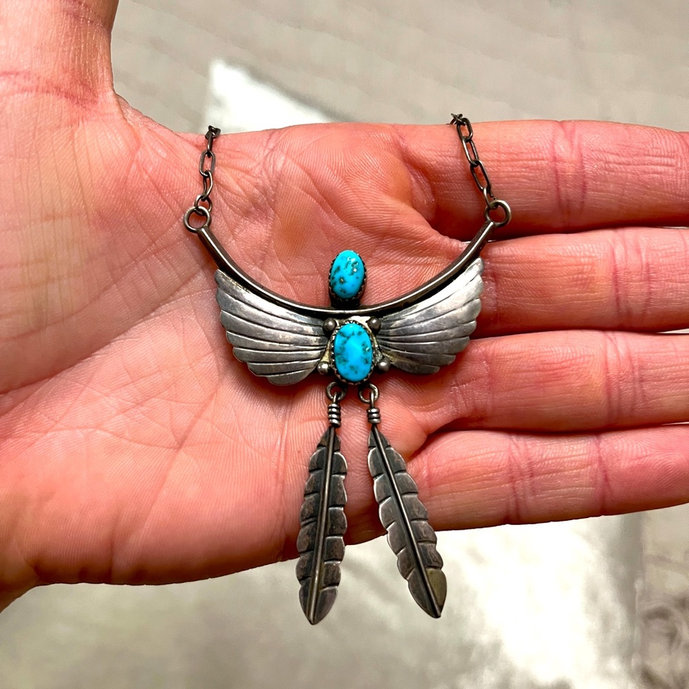 Vintage Navajo made turquoise wings & feathers necklace. 100% sterling silver